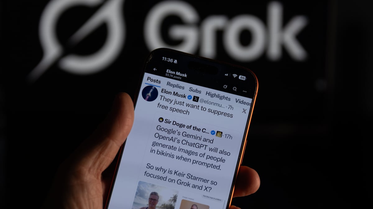 A tablet screen shows Grok's X account feed.