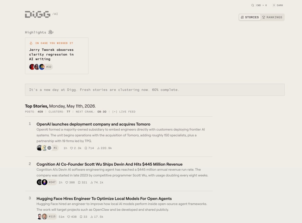 Digg AI News Aggregator Relaunch