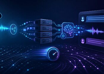 Realtime voice AI architecture with audio waveforms and low latency server systems